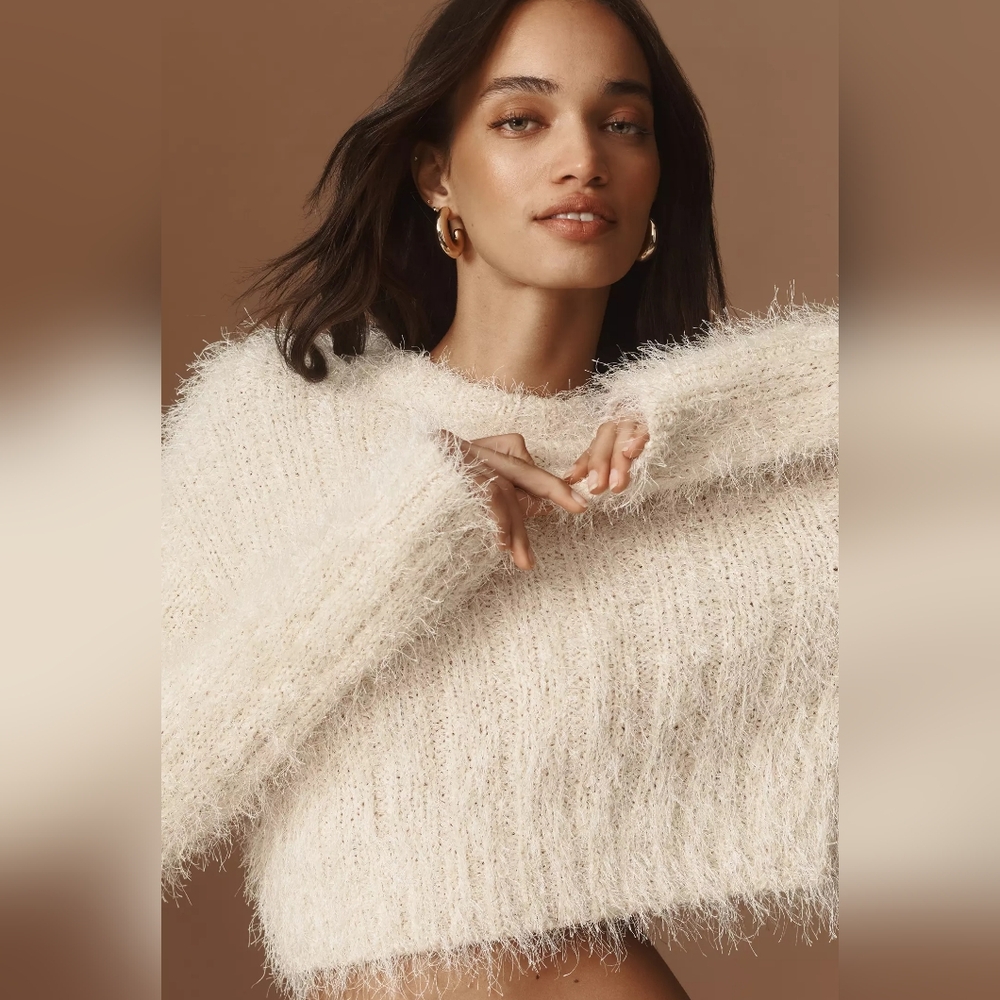 Endless Rose Antropologie Long Sleeve Feather Knit‎ Cropped Sweater XS